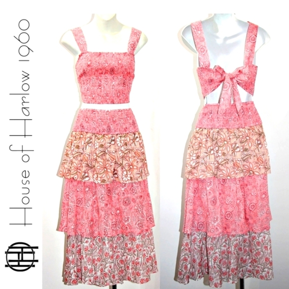 HOUSE OF HARLOW Pink Floral Cotton Smocked Crop Top & Tiered Maxi Skirt Set NWT. - Picture 1 of 13